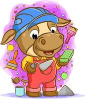 The builder cow holding cement spoon with brick vector