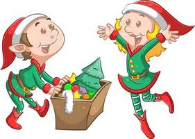 The twins elf are using the green Christmas costume and holding a box of the Christmas tree decoration vector