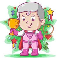 The best super grandfather holding his golden trophy with the purple costume vector