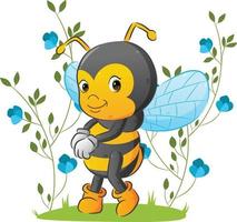 The pretty teenager bee is standing in the beautiful garden with the flowers ornament vector