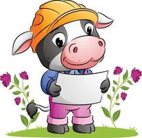 The cute architect cow is holding a paper plan and using a safety helmet vector