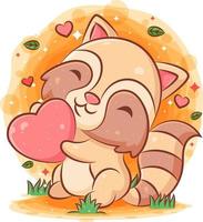 Cute raccoon playing in garden and holding red heart vector