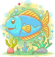 The illustration of the cute blue fish with the fresh view vector