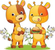 The couple of giraffe is holding a big burger with the extra cheese in the park vector