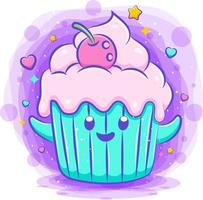 Smiling cute kawaii cartoon of cupcake character vector