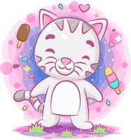 Funny cat standing and smiling with ice cream background vector