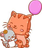 The little mouse with the yellow sun flower hair clip with the big cat whose holding the pink balloon