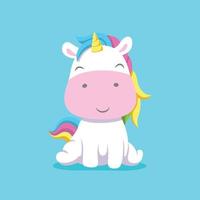 el pequeño y lindo unicornio sentado con la expresión pequeña y posando desde el frente vector