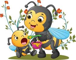 The cute mother bee is feeding her baby bee with a spoon of honey vector