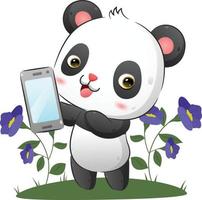 el panda está mostrando un nuevo teléfono inteligente en el jardín con la cara feliz vector