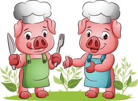 The couple of pig is ready for eating with holding the spoon and fork