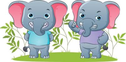 The couple elephant is giving the happy and angry expression with the garden background vector