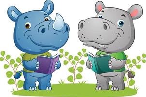 The clever hippopotamus and rhino are read the books together in the garden