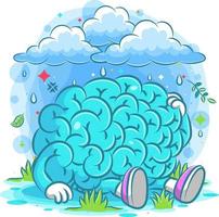 Sad brain sits under the rain clouds vector