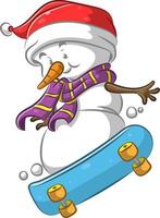el muñeco de nieve usando la bufanda morada jugando en la patineta vector