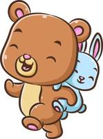 The blue cutes bear is walking with the little rabbit on his back vector