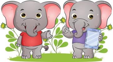 The couple elephant is explaining and holding a tablet with the happy expression vector