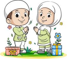 A young Boy and young girl Muslim each other giving gift vector