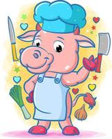 The chef cow with the kitchen tools and vegetables vector