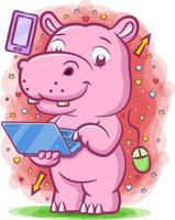 Hippopotamus holding the blue laptop for study around the electronic things vector