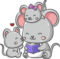 los lindos ratones de la familia están sentados y leyendo el libro de cuentos junto con el corazón de amor vector