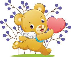 The happy cupid bear with the wings is holding the love and running in the park vector