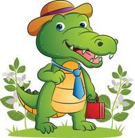 The happy employee of the crocodile is holding a suit bag and using the hat vector
