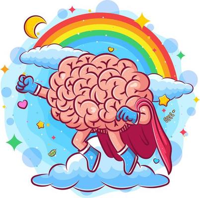 The super brain flies on the sky under the rainbow