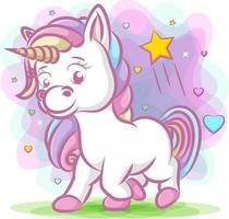 el unicornio con cuerno verde y cabello arcoiris con fondo pastel vector