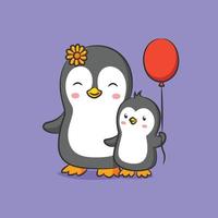 The penguin with the sun flowers on her head walking with her baby penguin