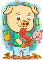 The pig holding the big dollar sign with the money around him vector