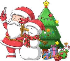 The Santa Claus and mr snowman doing the selfie together near the Christmas tree vector