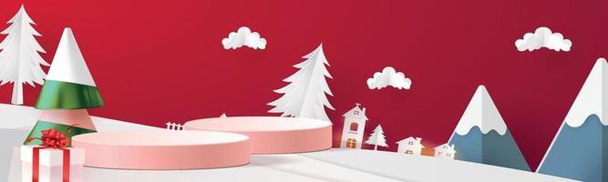 Happy New Year. Abstract minimal design, geometric shopping,gift box,Realistic stage, podium.Winter holiday red background.website header or banner show vector