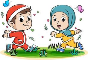 Happy Two Muslim teenage running in the park vector