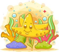 The illustration of the yellow starfish around the seaweed vector