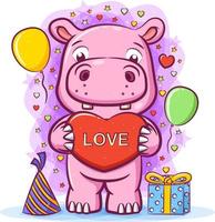 The hippopotamus with love on his hand for the birthday vector