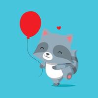 The raccoon is running and playing with the red balloons on his hand vector