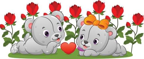 The couple teddy bear are dating in the flowers garden with the happy face