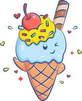 Delicious ice cream kawaii character with cherry fruit and chocolate vector