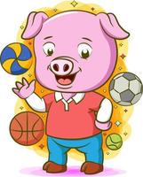 ilustración de cerdo jugando pelotas vector