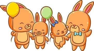 La familia feliz de los conejos naranjas y sus padres sostiene los globos en sus manos. vector