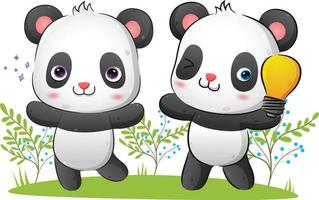 The couple of clever panda is getting the idea while holding the bight lamp vector