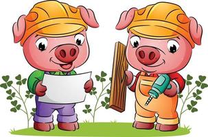 The architect pigs is telling the plan to the builder who holding the drill vector