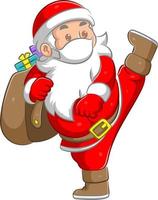 The Santa clause is doing the high kick and bringing the sack of bag full of the gift on it