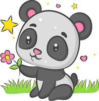 Cute Panda sitting and holding flower vector