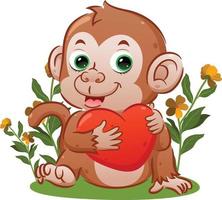 The cute monkey with the happy face is sitting and holding the big heart vector