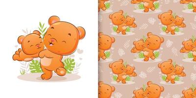 The hand drawn of happy bear is playing with the little bear in the garden vector