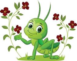 The cute grasshopper is standing on field of the flowers vector