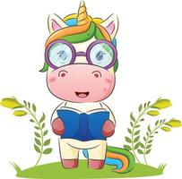 el unicornio inteligente usa lentes y sostiene un libro vector