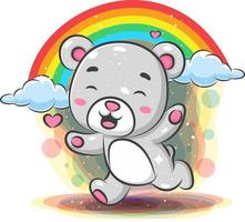 divertido bebé oso corriendo con fondo de arco iris vector